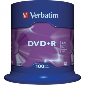 BLANK  DVD+R Verbatim  SL 16X 4.7GB 100PK SPINDLE MATT SILVER 