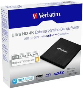 Unitate Optica Verbatim Ultra HD 4K External Slimline Blu-ray Writer USB 3.1 with USB-C to A