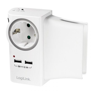 Priza 1 x Socket, USB charger 2-port, 5V / 2.1A, holder telefon, comutator on/off mod night, White, Logilink 