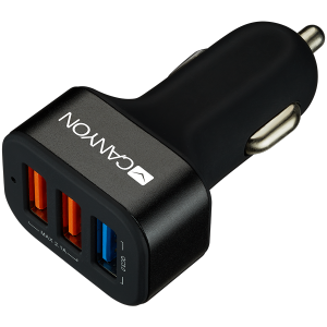 CANYON Universal 3xUSB car adapter(1 USB with Quick Charger QC3.0), Input 12-24V, Output USB/5V-2.1A+QC3.0/5V-2.4A&9V-2A&12V-1.5A, with Smart IC, black rubber coating+black metal ring+QC3.0 port with blue/other ports in orange
