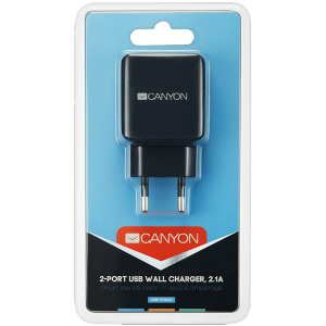 CANYON Universal 2xUSB AC charger (in wall) with over-voltage protection, Input 100V-240V, Output 5V-2.1A, with Smart IC, black rubber coating with side parts+glossy with other parts