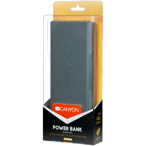 CANYON Power bank 16000mAh built-in Lithium-ion battery, max output 5V2.4A, input 5V2A. Dark Gray