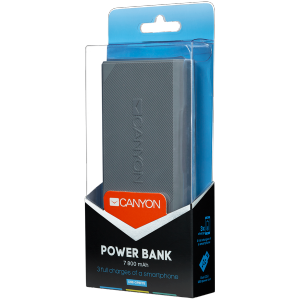 CANYON Power bank 7800mAh built-in Lithium-ion battery, 2 USB port max output 5V2A, input 5V2A. Dark Gray