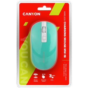 CANYON MW-18, 2.4GHz Wireless Rechargeable Mouse with Pixart sensor, 4keys, Silent switch for right/left keys,Add NTC DPI: 800/1200/1600, Max. usage 50 hours for one time full charged, 300mAh Li-poly battery,, Aquamarine, cable length 0.56m, 116.4*63.3*32.3mm, 0.