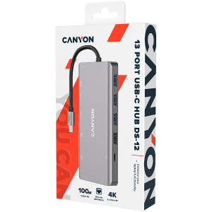 CANYON 13 in 1 USB C hub, with 2*HDMI, 3*USB3.0: support max. 5Gbps, 1*USB2.0: support max. 480Mbps, 1*PD: support max 100W PD, 1*VGA,1* Type C data, 1*Glgabit Ethernet, 1*3.5mm audio jack, cable 15cm, Aluminum alloy housing,130*57.5*15 mm,DarK gray
