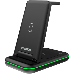 CANYON WS-304, Foldable  3in1 Wireless charger, with touch button for Running water light, Input 9V/2A,  12V/1.5AOutput 15W/10W/7.5W/5W, Type c to USB-A cable length 1.2m, with QC18W EU plug,132.51*75*28.58mm, 0.168Kg, Black