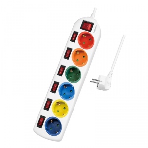 PRELUNGITOR LOGILINK, Schuko x 6, conectare prin Schuko (T), cablu 1.5 m, 16 A, 7 x on/off cu iluminare, protectie copii, grosime 1.5mm2, alb cu Schuko multicolor, 