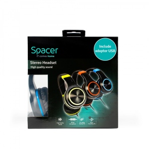 CASTI Spacer, cu fir, standard, utilizare multimedia, microfon pe fir, pliabile, banda ajustabila, conectare prin adaptor USB 2.0 sau Jack 3.5 mm x 2, negru&albastru, 