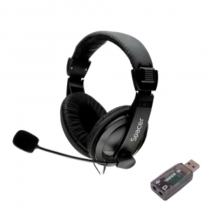 CASTI Spacer, cu fir, standard, utilizare multimedia, microfon pe brat, conectare prin adaptor USB 2.0 sau Jack 3.5 mm x 2, negru, 