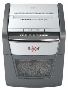 Distrugator automat documente Rexel OPTIMUM  45X ,  45 coli, P4, cross-cut (tip confeti), cos  20 litri, negru-gri, 