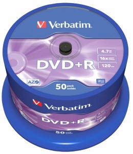 BLANK  DVD+R Verbatim  SL 16X 4.7GB  50PK SPINDLE MATT SILVER 