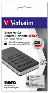 SSD Verbatim External 256GB Store & Go G1 2.5inch  USB3.1 Black Secure Portable