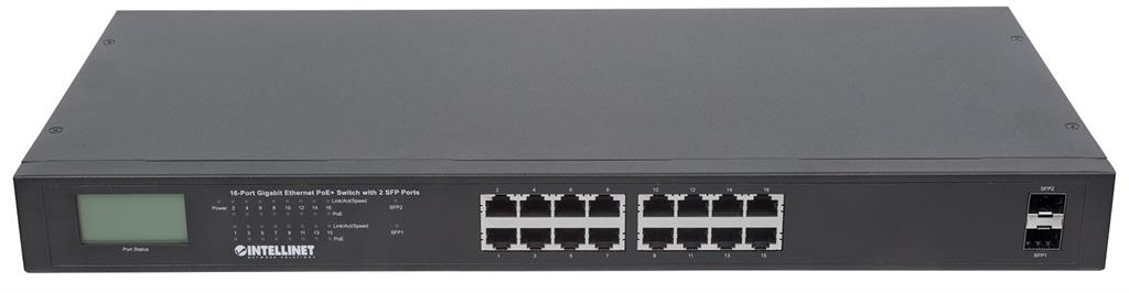 Intellinet Gigabit Ethernet switch 16x 10/100/1000Mbps RJ45 2x SFP PoE+ 370W LCD