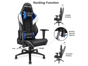 Anda Seat Assassin King Series Gaming Chair AD4-03-BWS-PV
 Adjustable headrest and lumbar cushion,
360 Degree Swivel Rocker Tilt E-Sports Chair ,
Height and Armrest adjustable, 90 to 160 recliner, 
Lifetime warranty on frame, 
6 years on parts(exclude the leather), 
2D Armrest,
Hi-Density Moulded Foam (60-65kg/m3),
50/65 Foam Softness,
20/2.0mm (Diameter/Thickness) Steel Frame,
60mm PU Covered Nylon Caster,
SGSS Certified Class 4 Gas Lift,
1.85kg Black Aluminum Alloy 5 Star Base,
Adjustable Backrest Angle 9