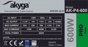 Akyga Pro Semi-Modular ATX Power Supply 600W AK-P4-600 Fan12cm P8 5xSATA 2xPCI-E