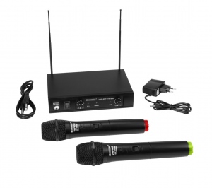 Set microfon de mana dublu wireless OMNITRONIC VHF-102 (frecvente: 214.35, 201.6MHz)