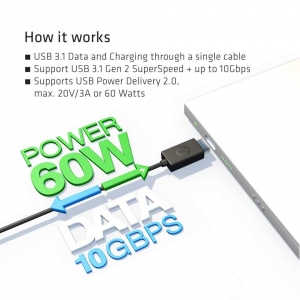 Cablu USB 3.1 Type-C la USB 3.1 Tip A 10Gbps PD 60W Male/Male 1m