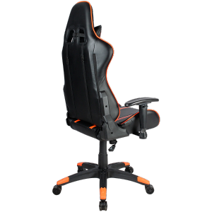 Gaming chair, PU leather, Cold molded foam, Metal Frame,  Butterfly mechanism, 90-150 dgree, 2D armrest, Class 4 gas lift, Nylon 5 Stars Base, 60mm PU caster, black+Orange.
