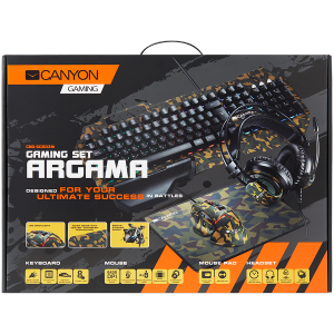 CANYON 4in1 Gaming set, Keyboard with backlight(104 keys), Mouse with weight adjustment(DPI 800/1000/1200/1600/2400/3200/4800/6400), Mouse Mat with size 350*250*3mm, Headset with Microphone and volume control, Black, 1.68kg, US layout