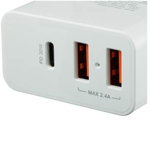 CANYON H-08 Universal 3xUSB AC charger (in wall) with over-voltage protection(1 USB-C with PD Quick Charger), Input 100V-240V, OutputUSB-A/5V-2.4A+USB-C/PD30W, with Smart IC, White Glossy Color+ orange plastic part of USB, 96.8*52.48*28.5mm, 0.092kg
