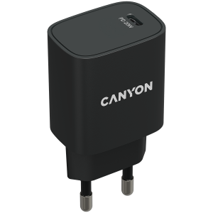 Canyon, PD 20W Input: 100V-240V, Output: 1 port charge: USB-C:PD 20W (5V3A/9V2.22A/12V1.67A) , Eu plug, Over- Voltage ,  over-heated, over-current and short circuit protection Compliant with CE RoHs,ERP. Size: 80*42.3*30mm, 55g, Black