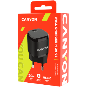 Canyon, PD 20W Input: 100V-240V, Output: 1 port charge: USB-C:PD 20W (5V3A/9V2.22A/12V1.66A) , Eu plug, Over- Voltage ,  over-heated, over-current and short circuit protection Compliant with CE RoHs,ERP. Size: 68.5*29.2*29.4mm, 32.5g, Black