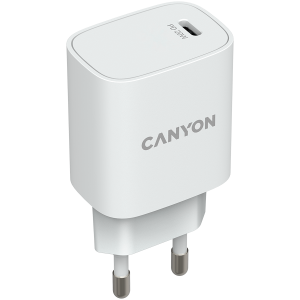 Canyon, PD 20W Input: 100V-240V, Output: 1 port charge: USB-C:PD 20W (5V3A/9V2.22A/12V1.67A) , Eu plug, Over- Voltage ,  over-heated, over-current and short circuit protection Compliant with CE RoHs,ERP. Size: 80*42.3*30mm, 55g, White