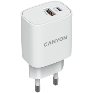 Canyon, PD 20W/QC3.0 18W WALL Charger with 1-USB A+ 1-USB-C   Input: 100V-240V, Output: 1 port charge: USB-C:PD 20W (5V3A/9V2.22A/12V1.67A) , USB-A:QC3.0 18W (5V3A/9V2.0A/12V1.5A), 2 port charge: common charge,  total 5V, 3A, Eu plug  , Over- Voltage