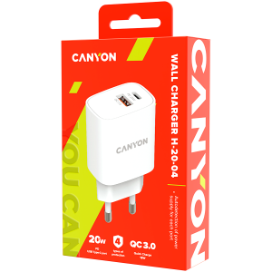 Canyon, PD 20W/QC3.0 18W WALL Charger with 1-USB A+ 1-USB-C   Input: 100V-240V, Output: 1 port charge: USB-C:PD 20W (5V3A/9V2.22A/12V1.67A) , USB-A:QC3.0 18W (5V3A/9V2.0A/12V1.5A), 2 port charge: common charge,  total 5V, 3A, Eu plug  , Over- Voltage