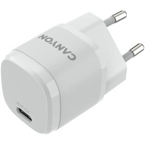 Canyon, PD 20W Input: 100V-240V, Output: 1 port charge: USB-C:PD 20W (5V3A/9V2.22A/12V1.66A) , Eu plug, Over- Voltage ,  over-heated, over-current and short circuit protection Compliant with CE RoHs,ERP. Size: 68.5*29.2*29.4mm, 32.5g, White