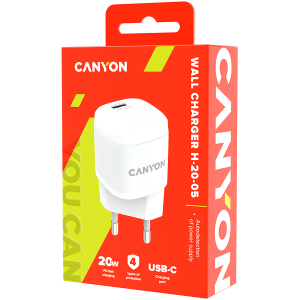 Canyon, PD 20W Input: 100V-240V, Output: 1 port charge: USB-C:PD 20W (5V3A/9V2.22A/12V1.66A) , Eu plug, Over- Voltage ,  over-heated, over-current and short circuit protection Compliant with CE RoHs,ERP. Size: 68.5*29.2*29.4mm, 32.5g, White