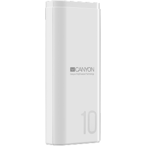 CANYON Power bank 10000mAh Li-poly battery, Input 5V/2A, Output 5V/2.1A, with Smart IC, White, USB cable length 0.25m, 120*52*22mm, 0.210Kg