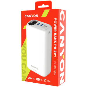 CANYON PB - 301, Power bank 30000mAh Li-poly battery, Input Micro: DC5V/2A, 9V/2A Input Type c PD ï¼š DC5V/3A, 9V/2Aï¼Œ Output Type C  PD:5V/3A,9V/2.2A,12V/1.5AOutput USB A1+USBA 2 : 5V3A,5V/4.5A,4.5V/5A,9V2A,12V1.5A,22.5W quick charging cable 0.3m, 1
