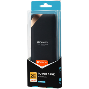 CANYON Power bank 10000mAh Li-poly battery, Input 5V/2A, Output 5V/2.1A(Max), with Smart IC and power display, Black, USB cable length 0.25m, 137*67*13mm, 0.230Kg