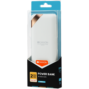 CANYON Power bank 10000mAh Li-poly battery, Input 5V/2A, Output 5V/2.1A(Max), with Smart IC and power display, White, USB cable length 0.25m, 137*67*13mm, 0.230Kg
