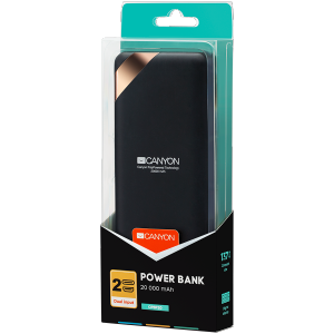 CANYON Power bank 20000mAh  Li-poly battery, Input 5V/2A, Output 5V/2.1A(Max), with Smart IC and power display, Black, USB cable length 0.25m, 137*67*25mm, 0.360Kg