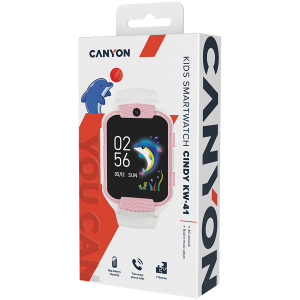 CANYON Cindy KW-41, 1.69--IPS colorful screen 240*280, ASR3603C, Nano SIM card, 192+128MB, GSM(B3/B8), LTE(B1.2.3.5.7.8.20) 680mAh battery, built in TF card: 512MB, White Pink, host: 53.3*42.3*14.5mm strap: 230*20mm, 36g