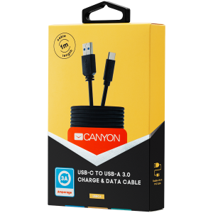 CANYON Type C USB 3.0 standard cable, Power & Data output, 5V 3A, OD 4.5mm, PVC Jacket, 1m, black, 0.039kg