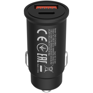 Canyon, PD 30W/QC3.0 18W Pocket size car charger  with 1-USB A+ 1-USB-C Input: DC12V-24V, Output: USBC: PD30W( 5V3A/9V3A/12V2.5A/15V2A/20V1.5A),USB-A:QC3.0 18W (5V3A