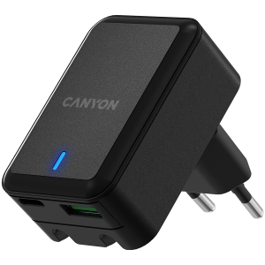 Canyon, PD 20W/QC3.0 18W WALL Charger with 1-USB A+ 1-USB-C   Input: 100V-240V, Output: 1 port charge: USB-C:PD 20W (5V3A/9V2.22A/12V1.67A) , USB-A:QC3.0 18W (5V3A/9V2.0A/12V1.5A), 2 port charge: common charge,  total 5V, 3.4A, folding Eu plug  , Ove