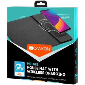 CANYON Mouse Mat with wireless charger, Input 5V/2A,9V2A Output 5W/7.5W/10W, 324*244*6mm, Micro USB cable length 1m, Black, 220g