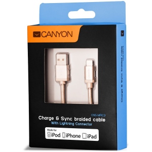 Charge & Sync MFI braided cable with metalic shell, USB to lightning, certified by Apple, 1m, 0.28mm, Golden