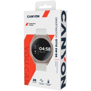 CANYON Otto SW-86, Smart watch Realtek 8762DK LCD 1.3-- LTPS 360X360px, G+F 1+gesture 192KB Li-ion polymer battery 3.7v 280mAh,Silver aluminum alloy case middle frame+plastic bottom case+white silicone strap+silver strap buckle host:45.4*42.4*9.6mm S