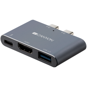 Canyon Multiport Docking Station with 3 port, with Thunderbolt 3 Dual type C male port, 1*Thunderbolt 3 female+1*HDMI+1*USB3.0. Input 100-240V, Output USB-C PD100W&USB-A 5V/1A, Aluminium alloy, Space gray, 59*35.5*10mm, 0.028kg