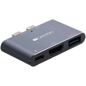 Canyon Multiport Docking Station with 3 port, with Thunderbolt 3 Dual type C male port, 1*Thunderbolt 3 female+1*HDMI+1*USB3.0. Input 100-240V, Output USB-C PD100W&USB-A 5V/1A, Aluminium alloy, Space gray, 59*35.5*10mm, 0.028kg
