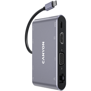 CANYON  8 in 1 USB C hub, with 1*HDMI: 4K*30Hz, 1*VGA, 1*Type-C PD charging port, Max 100W PD input. 3*USB3.0,transfer speed up to 5Gbps. 1*Glgabit Ethernet, 1*3.5mm audio jack, cable 15cm, Aluminum alloy housing,95*55*17.6 mm, 107g, Dark grey