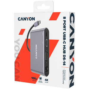 CANYON Â 8 in 1 USB C hub, with 1*HDMI: 4K*30Hz, 1*VGA, 1*Type-C PD charging port, Max 100W PD input. 3*USB3.0,transfer speed up to 5Gbps. 1*Glgabit Ethernet, 1*3.5mm audio jack, cable 15cm, Aluminum alloy housing,95*55*17.6 mm, 107g, Dark grey