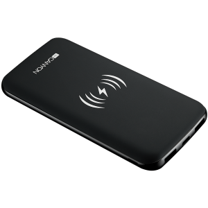 Power bank builted in wireless charger function, Noveo 9060100/8000mAh Polymer, input 5V/2A(Type C and Micro USB), output 5V/2A(2*USB), Wireless 5W, with 30cm micro USB cable, pantone 432c black housing with pantone  877c silkscreen.