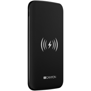 Power bank builted in wireless charger function, Noveo 9060100/8000mAh Polymer, input 5V/2A(Type C and Micro USB), output 5V/2A(2*USB), Wireless 5W, with 30cm micro USB cable, pantone 432c black housing with pantone  877c silkscreen.