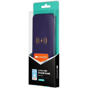 Power bank builted in wireless charger function, Noveo 9060100/8000mAh Polymer, input 5V/2A(Type C and Micro USB), output 5V/2A(2*USB), Wireless 5W, with 30cm micro USB cable, pantone 669c purple housing with pantone  872c silkscreen.